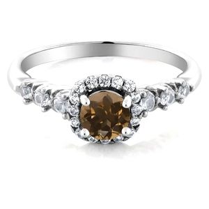 Round Brown Smoky Quartz and White Created Sapphire 925